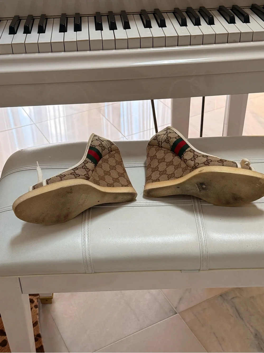 Gucci Brown Monogram Wedge Peep-Toe Pumps with Red-Green Web